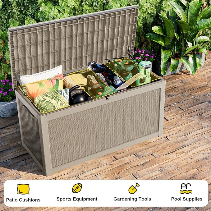 320 Gallon Outdoor Storage Box Waterproof, UV Resistant Resin Deck Box with Hydraulic Rod, Lockable Design and Enhanced Durability for Patio, Garden, and Poolside Use