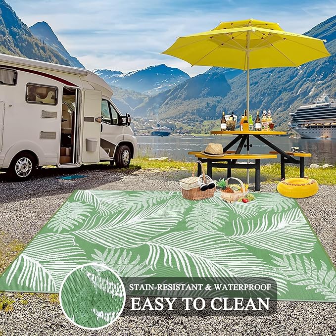 Pauwer Waterproof Outdoor Rug 8x10, Reversible Plastic Straw Patio Camping Rug, Indoor Outdoor RV Mat Carpet for Deck, Camper, Porch, Balcony, Backyard, Picnic, Leaf Green