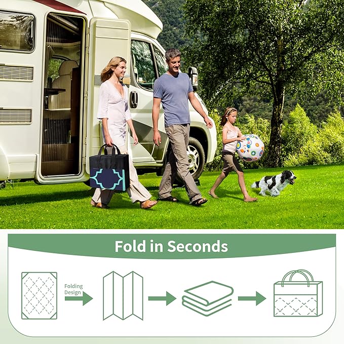 GENIMO 6' x 9' Outdoor Rug Waterproof for Patio Decor, Foldable Reversible Plastic Straw Area Rugs Mat for Camper, Outside Carpet for Rv, Deck, Porch, Picnic, Beach, Balcony, Navy Blue & Jade Green
