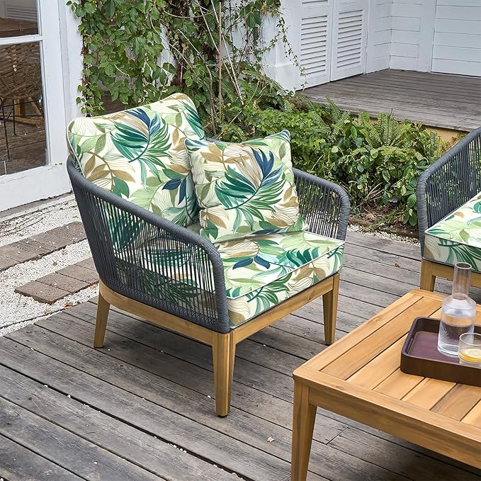 LVTXIII Outdoor Deep Seat Cushion Patio Seat and Back Cushion Set Seasonal Chair Cushion with Removable Cover and Adjustable Buckle for Home and Garden, 22"x22"x4", Lush Leaf Green