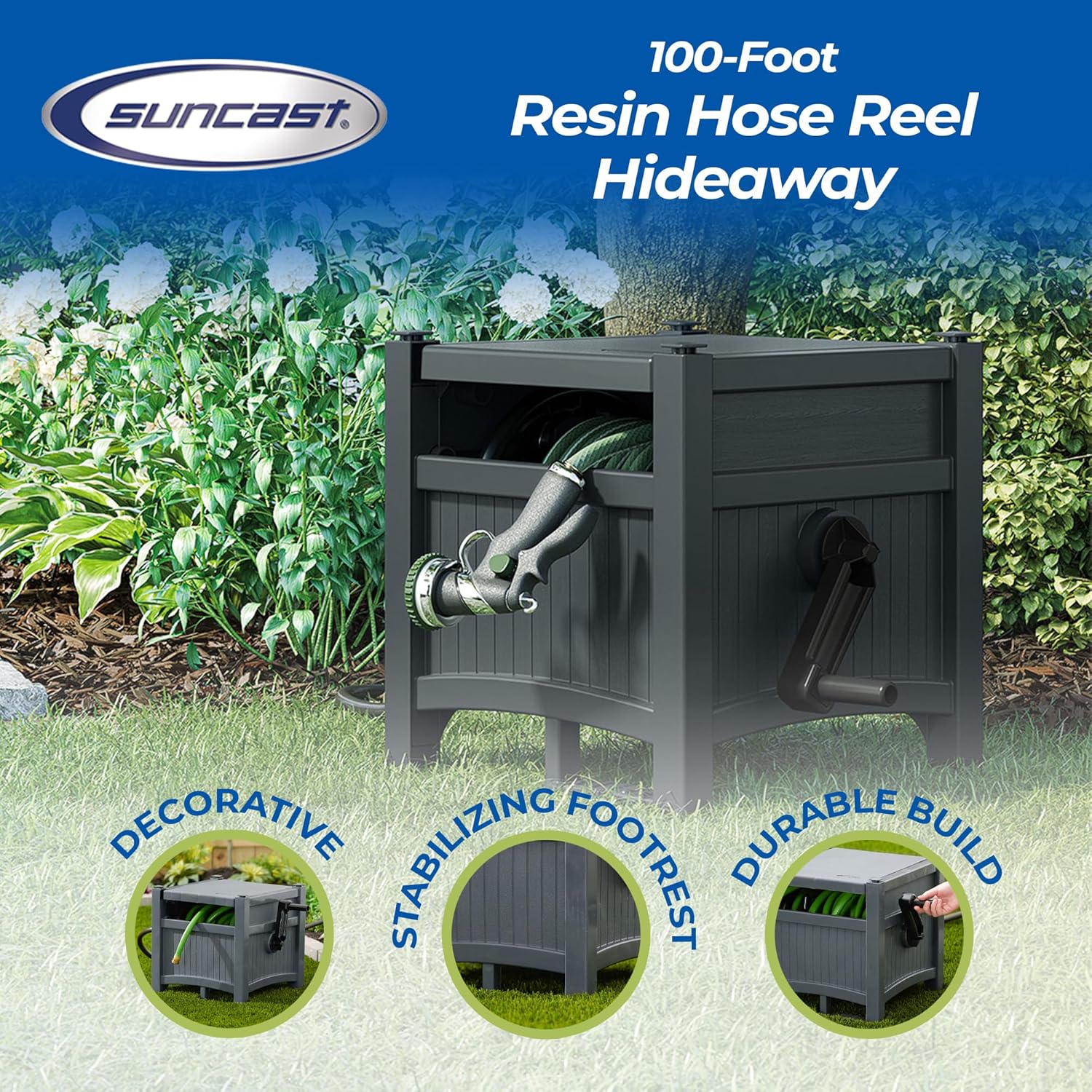 Suncast Garden Hose Hideaway Storage Reel Box, Cyberspace Grey – Resin Outdoor Container, Holds up to 100 Feet of 5/8 Inch Standard Vinyl Water Line – No Assembly Required