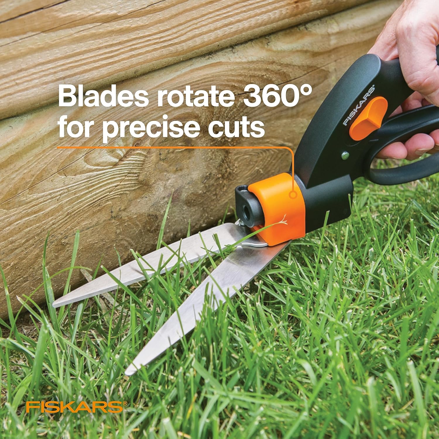 Fiskars Shear Ease Grass Shears - 5" Stainless Steel Blades - 360-Degree Swivel Blade Plant Cutting Scissors - Garden Shears and Grass Cutter, Black