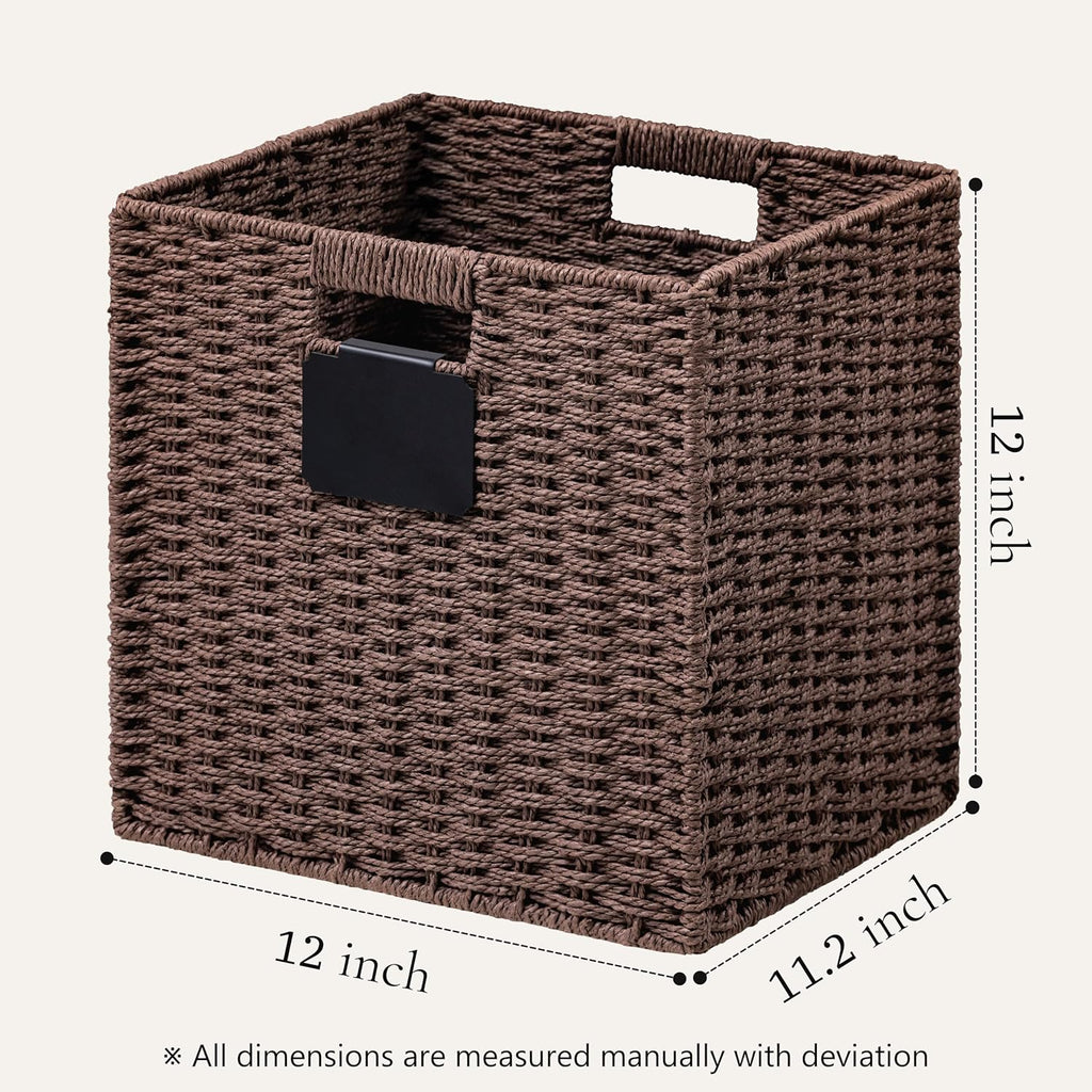 UBBCARE 4 Pack Wicker Basket, 12×12 Storage Cubes with Label, Foldable Cube Storage Bin with Handle, Square Storage Basket for Shelves, Woven Paper Rope Basket for Organizing, Brown