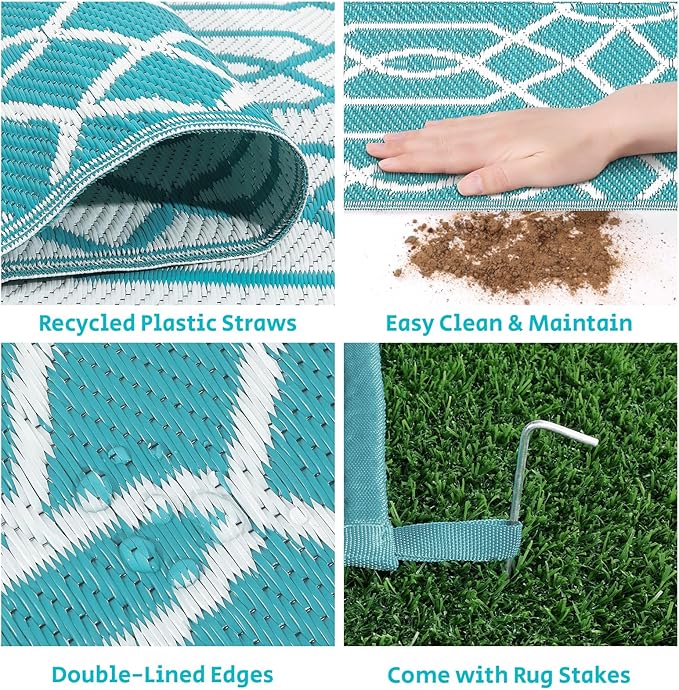 HEBE Outdoor Rug Waterproof 9x12, Reversible Plastic Straw Rug RV Camping Rug, Indoor Outdoor Patio Mat Clearance, Outside Carpet for Porch,Deck,Camper,Balcony,Backyard,Picnic