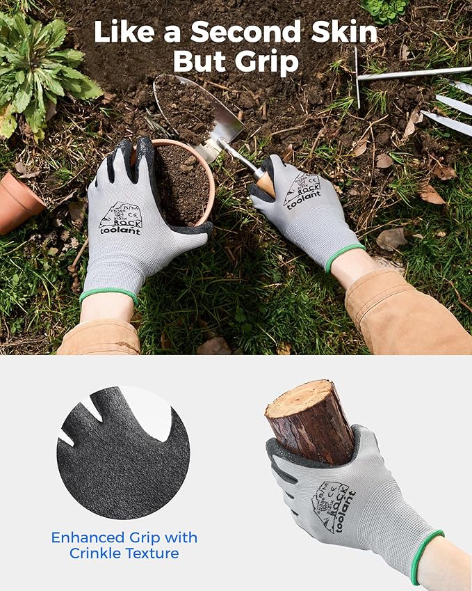 toolant Crinkle Latex Work Gloves Bulk, Rubber Coated Safety Work Gloves for Men and Women, 12 Pairs for Construction, Gardening, Warehouse (Gray, XXL)
