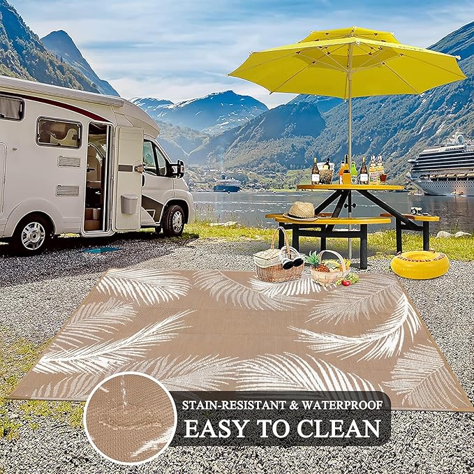 Pauwer Waterproof Outdoor Rug 6x9, Reversible Plastic Straw Patio Camping Rug, Indoor Outdoor RV Mat Carpet for Deck, Camper, Porch, Balcony, Backyard, Picnic, Leaf Brown