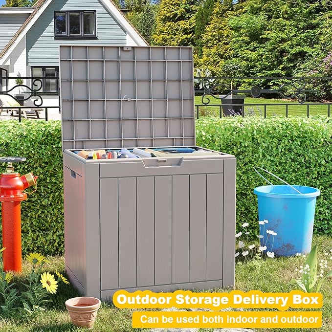 36 Gallon Outdoor Deck Box,Storage Lockable Waterproof Patio Furniture,Garden Tools,Cushions,Pool Accessories Outside Storage Resin Box(Grey)