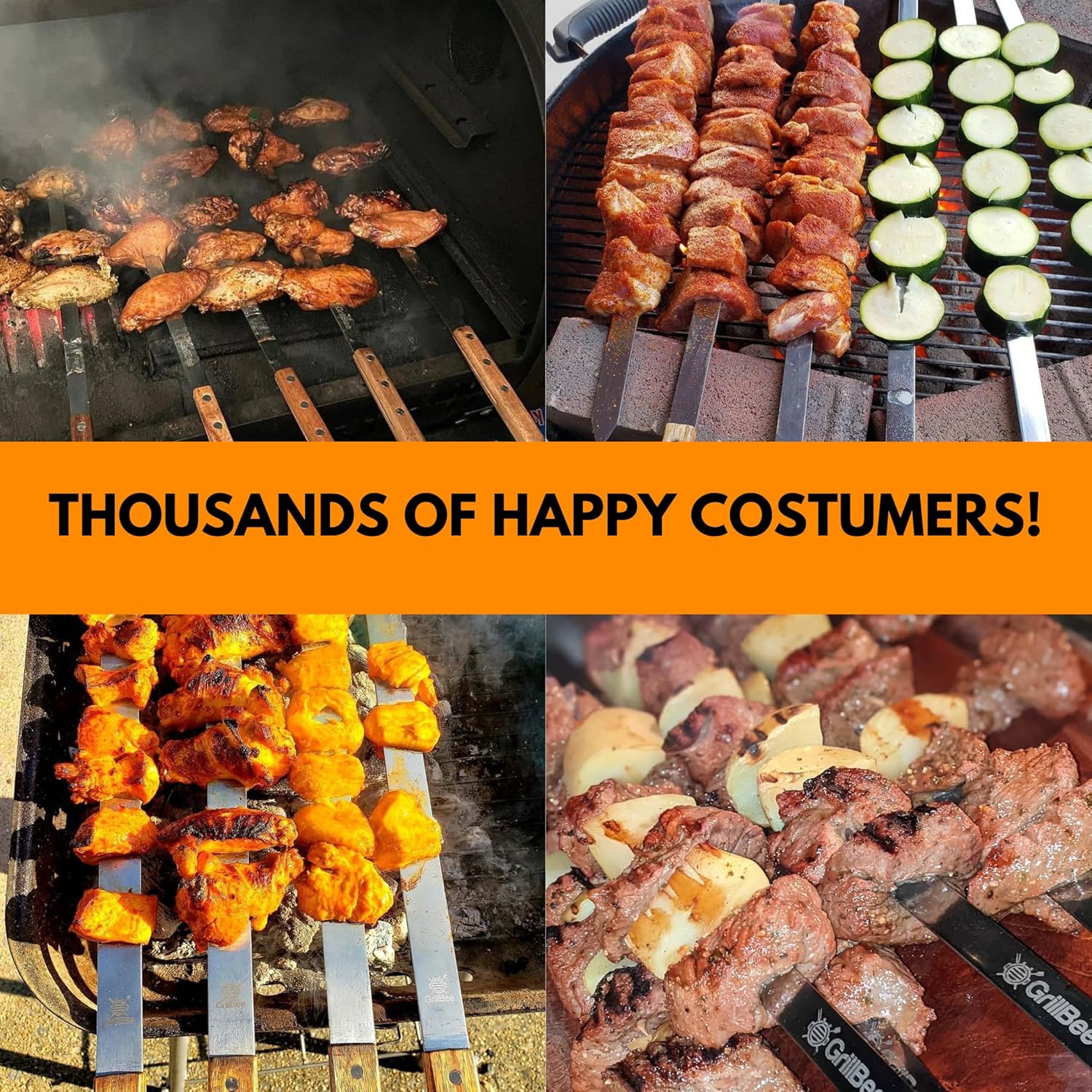 Premium Kabob Skewers 23 inch Long and 5/8 inch Wide Stainless Steel Flat Reusable Metal Skewers for Grilling BBQ - Chicken Kebab, 8pc Set with Bag