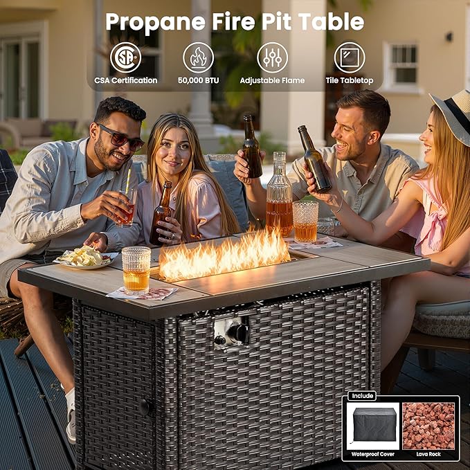 ovios 6 Pieces Patio Furniture Set with 42" Fire Pit Table, Outdoor Wicker Sofa with Ottomans, Comfy Cushions, High Back Couch Conversation Set, Brown Rattan, Orange Red