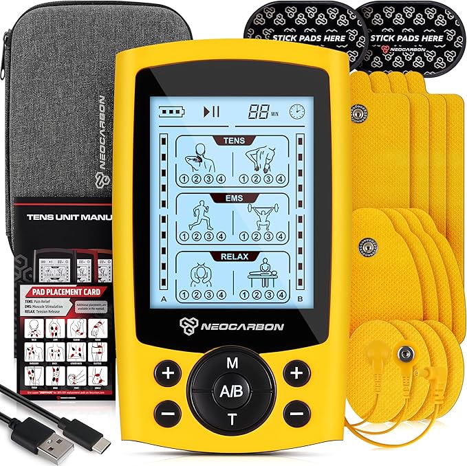 TENS Unit Muscle Stimulator, Electronic PMS Pulse Massager Machine for Shock Physical Therapy, Back Pain Relief, Shoulder Recovery, Yellow
