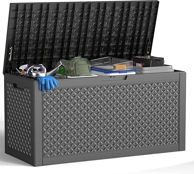 100 Gallon Waterproof Outdoor Storage Box,Resin Deck Box,Lockable Outside Storage Box Container for Patio Furniure,Garden,Pool Tools (100 Gallon,Black pattern)