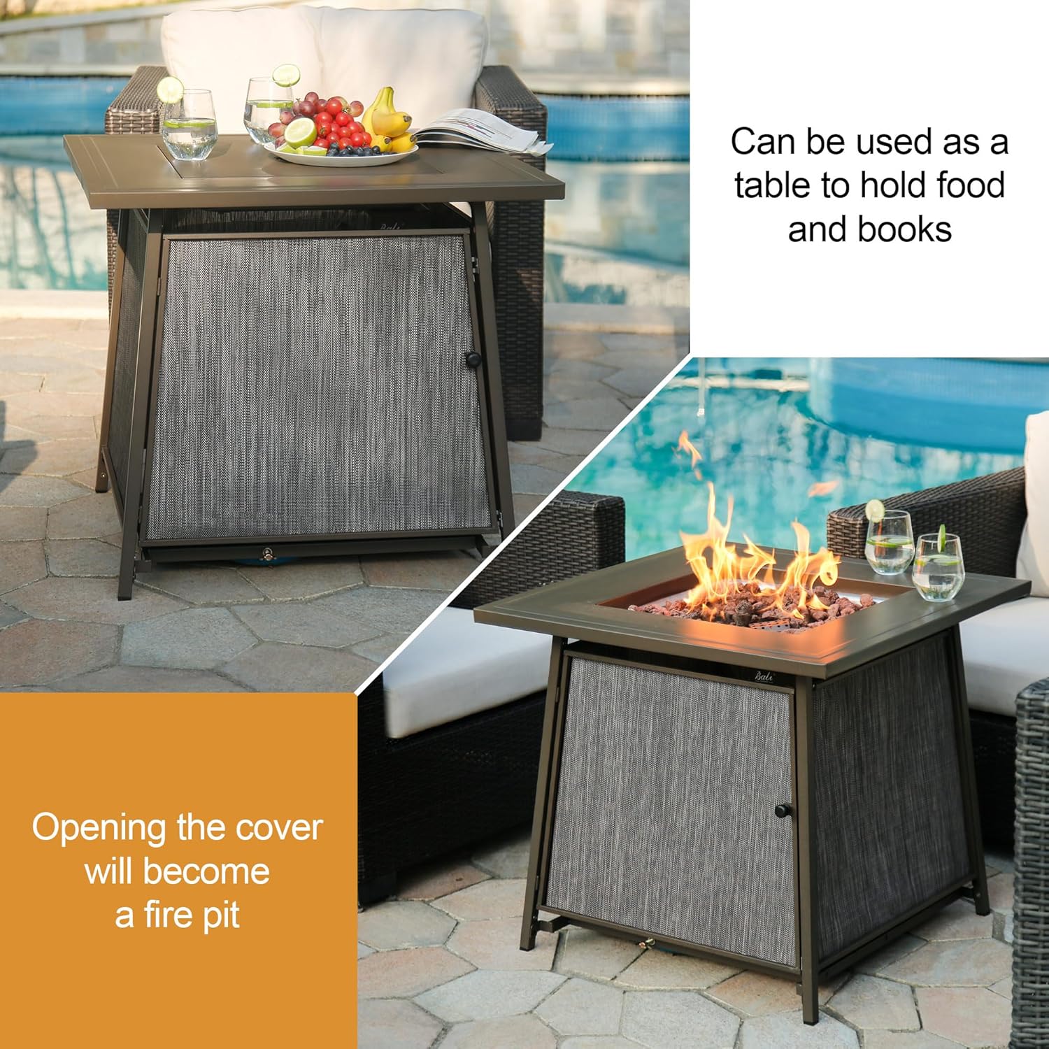 BALI OUTDOORS 50,000 BTU Propane Fire Pit Outdoor, 28 inch Propane Fire Pit Table Square, Gas Firepits for Outside Patio, Garden, Backyard