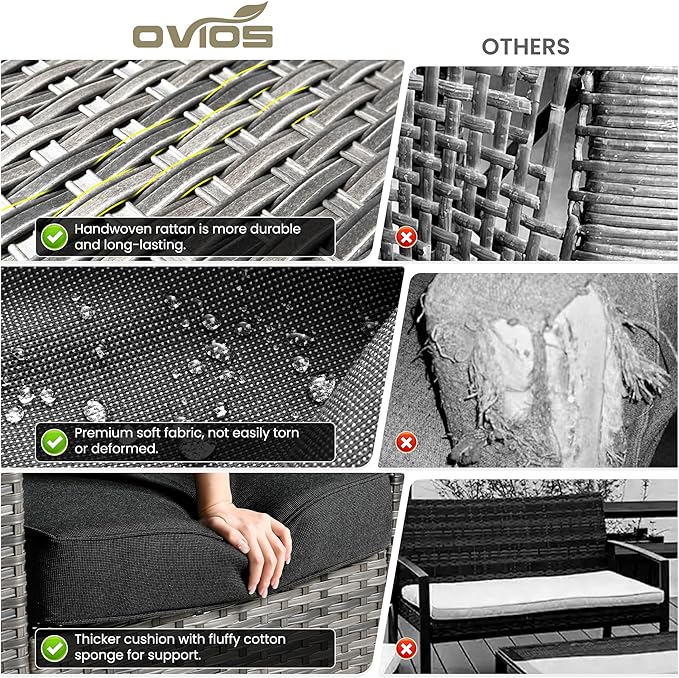 ovios 7 Pieces Patio Furniture Set with 54" Fire Pit Table, Outdoor Wicker Sofa with Comfy Cushions, All Weather High Back Rattan Couch Conversation Set, Black