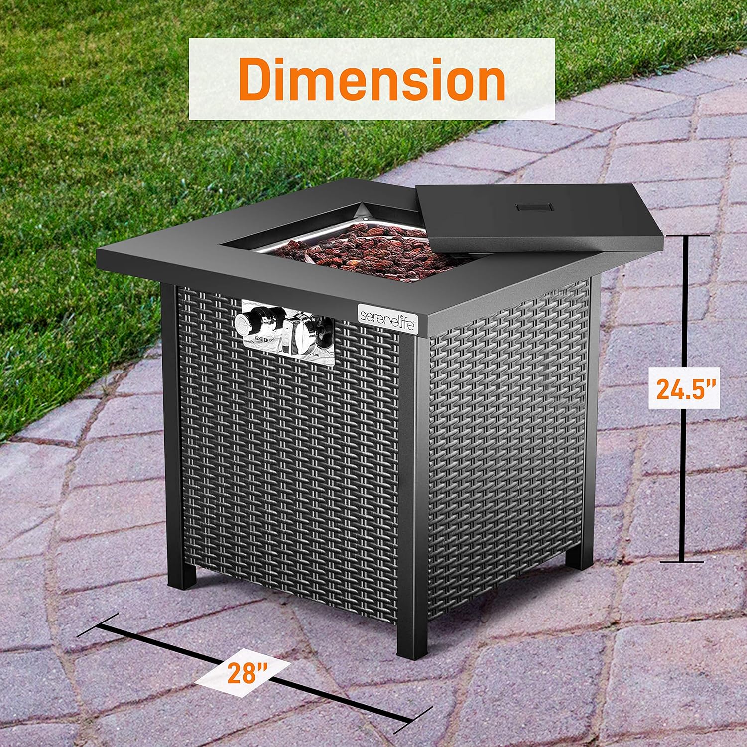 SereneLife 28" Propane Gas Fire Pit Table - 40,000 BTU Outdoor Fireplace with Cover, Stainless Steel Burner & Control Panel, Adjustable Flame, Weather Resistant, Easy Assembly, Outdoor Décor