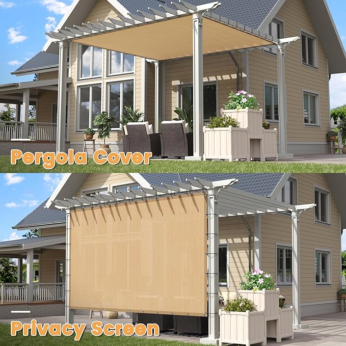 VICLLAX Shade Fabric Sun Shade Cloth with Every 2 FT Grommets for Patio Garden Pergola Cover Canopy 7x16 FT, Wheat
