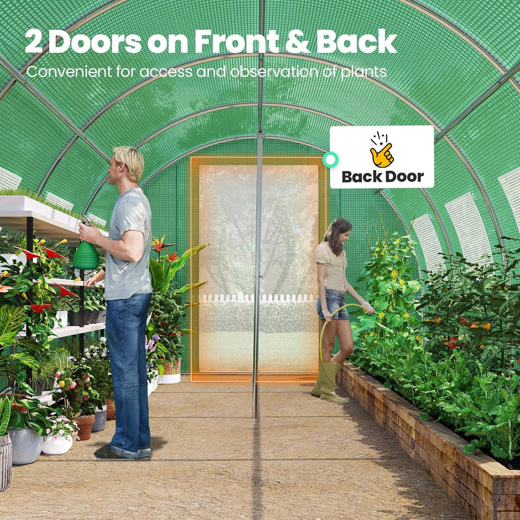 KING BIRD Premium 20x10x6.6FT Greenhouse for Outdoors, Large Walk-in Heavy Duty Galvanized Steel Frame, Mesh Door Screen Window Upgraded Zipper Tunnel Hoop for Garden Plant Winter, Green