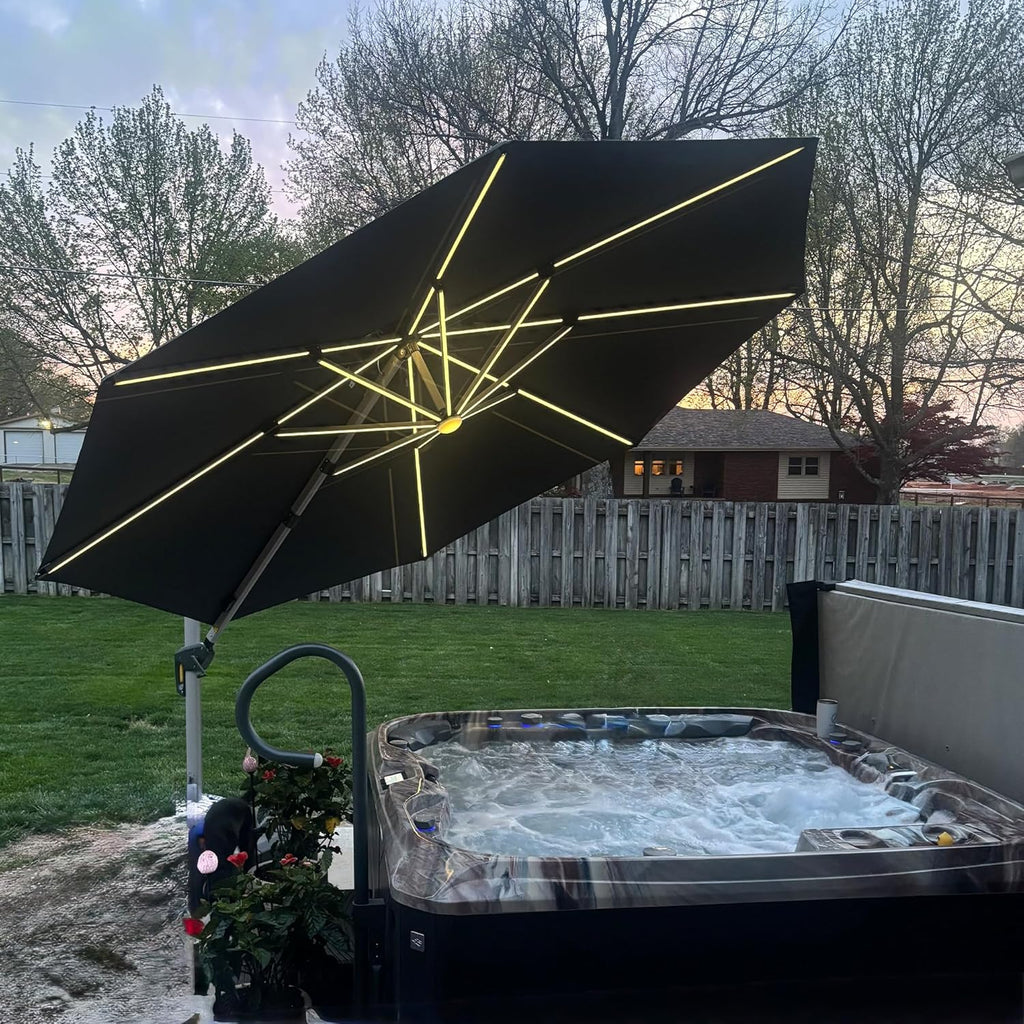 PURPLE LEAF 12ft Solar powered LED Patio Umbrella Outdoor Round Umbrella Large Cantilever Umbrellas with LED lights Windproof Offset Umbrellas Heavy Duty Sun Umbrella for Garden Deck Pool Patio, Grey