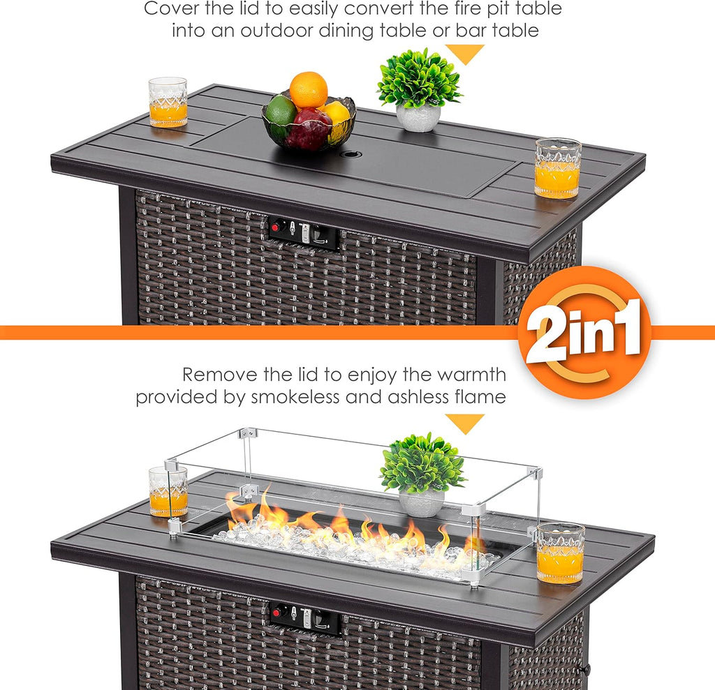 Nuu Garden Outdoor 43 Inch 50,000 BTU Propane Gas Fire Pit Table, Aluminum Tabletop and PE Rattan Weaved Steel Frame, Water-Proof Oxford Cover, Glass Fire Pit Wind Guard, Glass Beads, Lid, Dark Brown