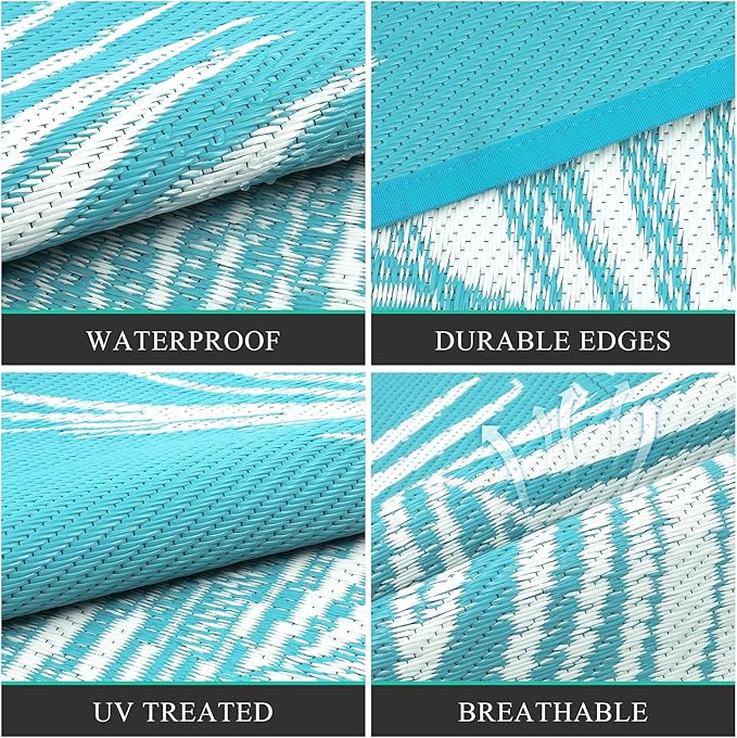 Pauwer Waterproof Outdoor Rug 6x9, Reversible Plastic Straw Patio Camping Rug, Indoor Outdoor RV Mat Carpet for Deck, Camper, Porch, Balcony, Backyard, Picnic, Leaf Teal