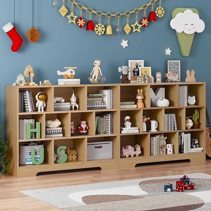Book Shelf Set of 2, 10 Cubes Storage Organizer, 3-Tier Open Bookshelf Wooden Bookcase, Freestanding Log Bookshelf Cube Shelf for Bedroom, Living Room, Home Office