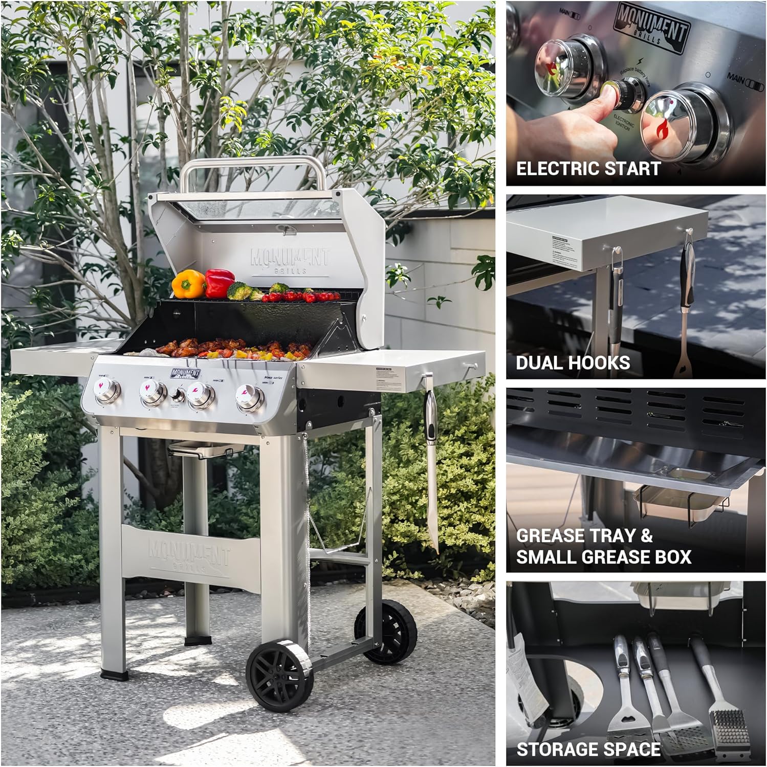 Monument Grills 4-Burner Liquid Propane Gas Grill, Silver Stainless Steel Grill Patio Garden Barbecue Grill with Clearview® Lid and One Foldable Shelf, Mesa400MF with BBQ Cover