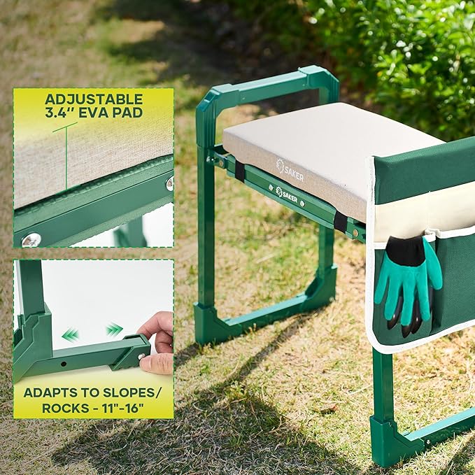 Saker Garden Kneeler and Seat Foldable Gardening Stool with Extendable Legs & Thickened Pad, Tool/Storage Bag, Heavy Duty Support for Elderly, Gardening, Outdoor Use