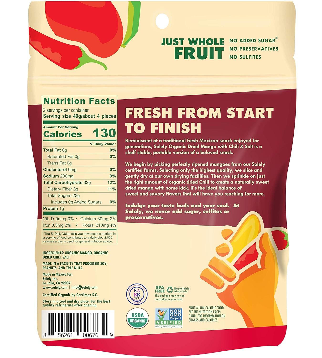 Solely Organic Dried Mango with Chili & Salt, 2.8 Oz, Pack of 8