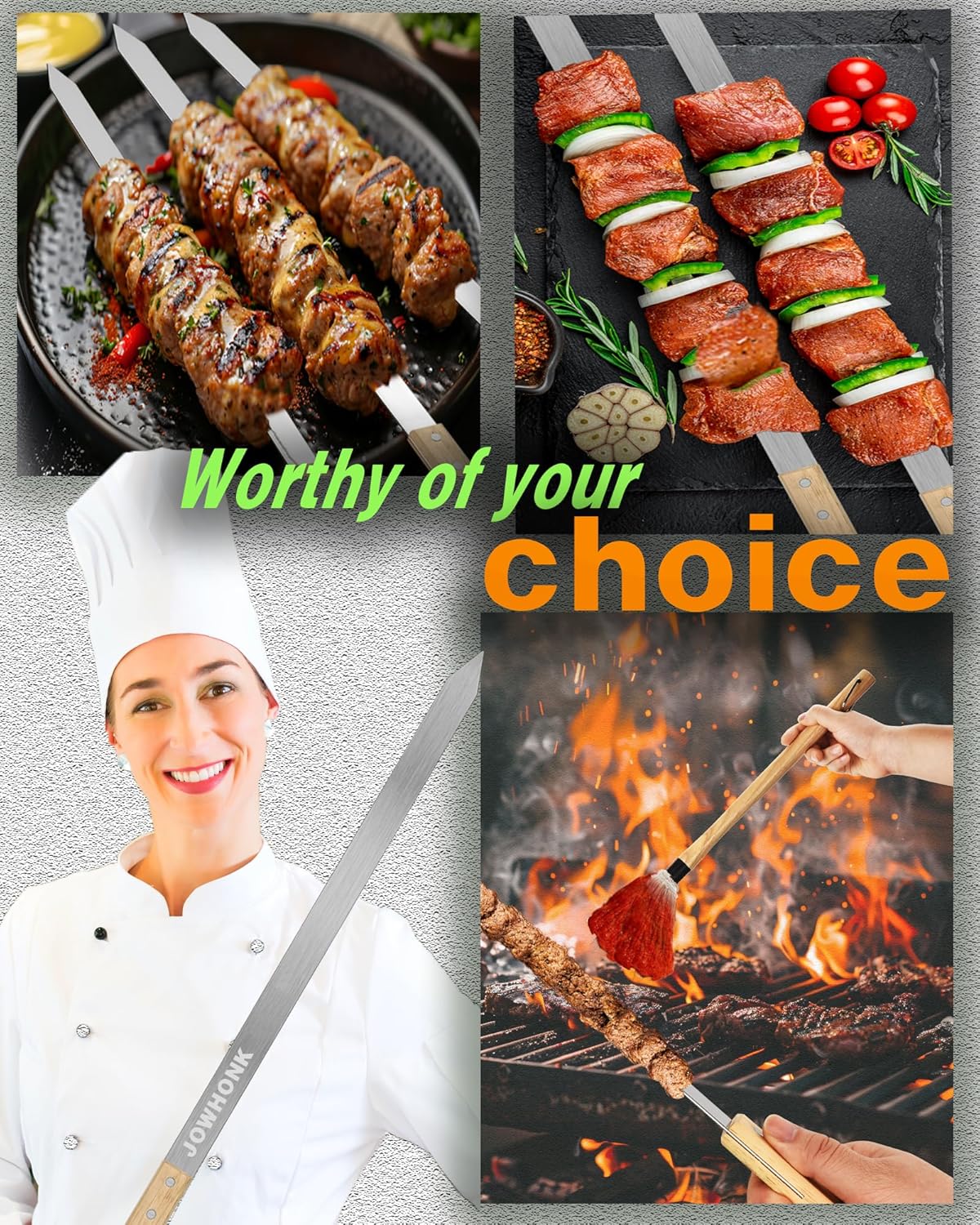 27" 304 Stainless Steel Skewers for Grilling,1 Inch Wide Extra Large Skewers for Kabobs with Wooden Handle,Metal Flat Barbecue Skewer Make Koobideh Brazilian-BBQ Skewer(4),BBQ Mop Brush(1)