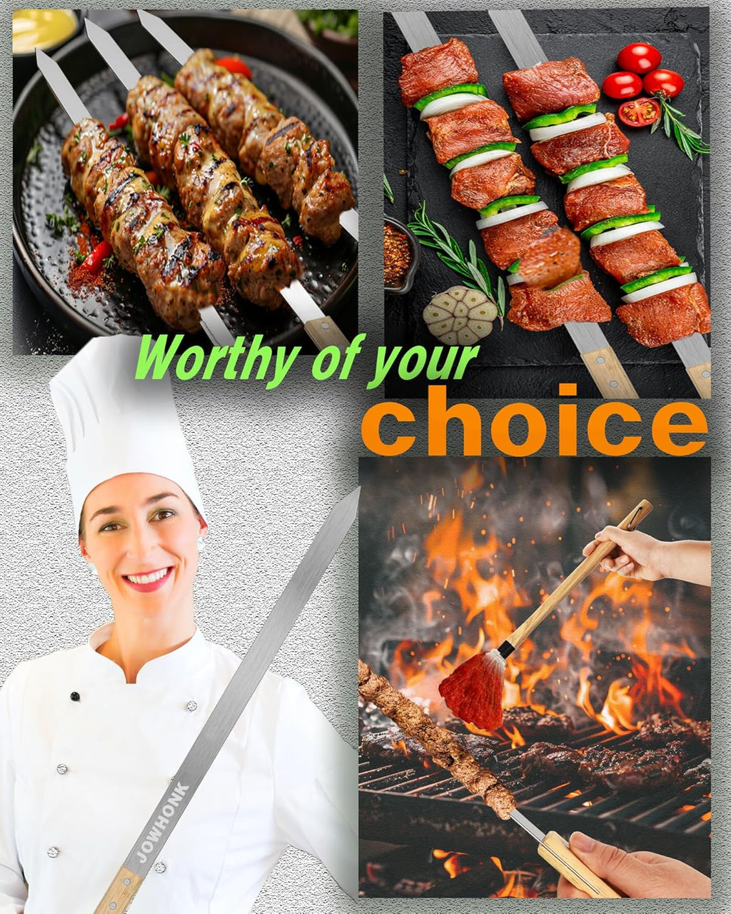 23.5" Long Kabob Skewers,1 Inch Wide 304 Stainless Steel Barbecue Skewers for Grilling with Wooden Handle,Metal Flat BBQ Skewer for Koubideh Brazilian Shish Kebab Skewer(8),BBQ Mop Brush(1)