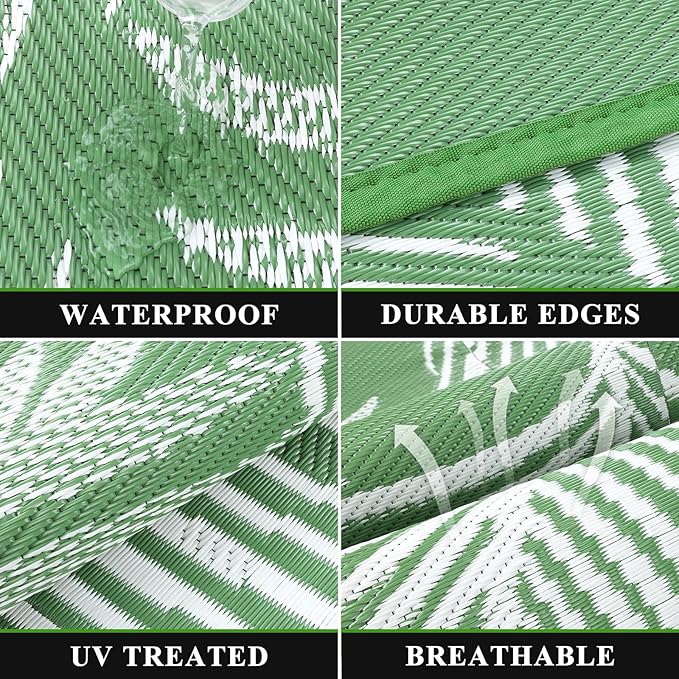 Pauwer Waterproof Outdoor Rug 9x12, Reversible Plastic Straw Patio Camping Rug, Indoor Outdoor RV Mat Carpet for Deck, Camper, Porch, Balcony, Backyard, Picnic, Leaf Green