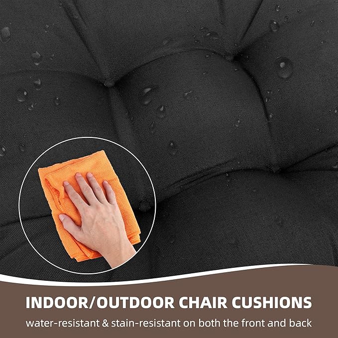 RACE LEAF Outdoor Cushions 19" x 19" Patio Chair Seat Pads, Set of 2 Thick Fill Tufted Square Patio Cushions, Water-Resistant Olefin Chair Seat Cushion with Ties for Non-Slip Support, Black