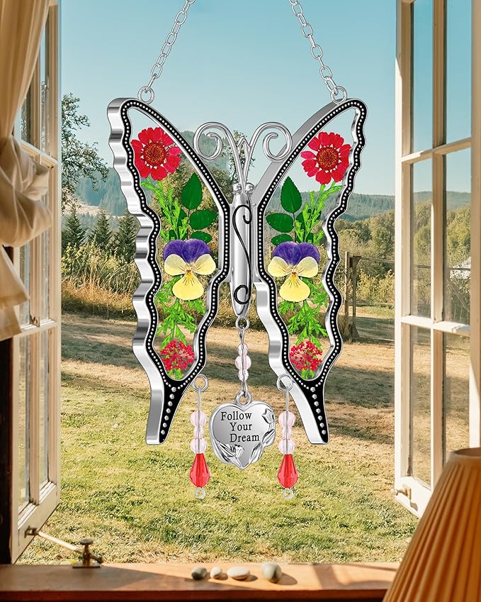 KY&BOSAM Butterfly Suncatcher Follow Your Dream Gifts for Mother Pressed Flower Between Wings Glass Hanging for Windows Charm Birthday Gifts for Women Mother's Day Valentine's Thanksgiving Christmas