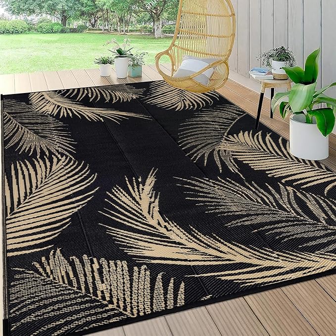 Pauwer Waterproof Outdoor Rug 8x10, Reversible Plastic Straw Patio Camping Rug, Indoor Outdoor RV Mat Carpet for Deck, Camper, Porch, Balcony, Backyard, Picnic, Leaf Black Brown