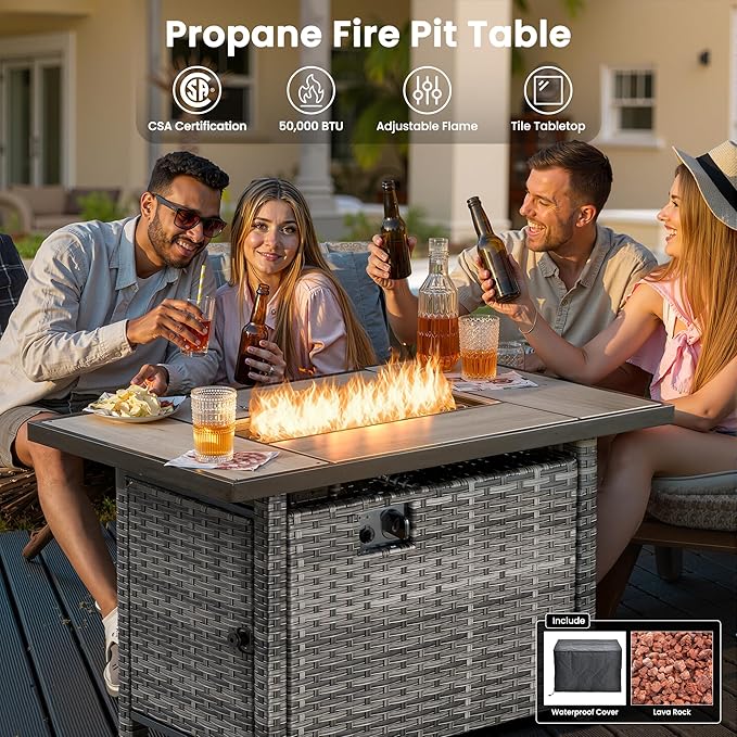 ovios 6 Pieces Patio Furniture Set with 42" Fire Pit Table, Outdoor Wicker Sofa with Ottomans, Comfy Cushions, High Back Couch Conversation Set, Grey Rattan, Denim Blue