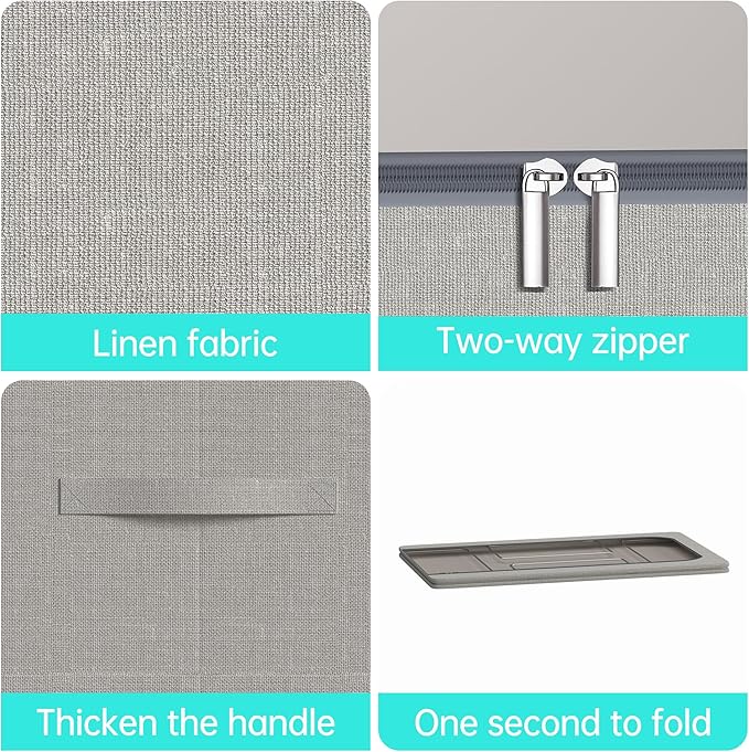 3PCS Under Bed Storage Bins with Metal Frame, Linen Fabric Frame Storage Box Clothes Organizer Bins, Underbed Container with Clear Window (Light Grey, 23.6 x 13 x 6IN)