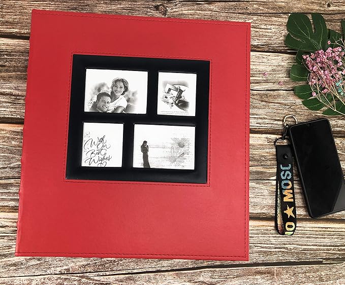 RECUTMS Photo Album Self Adhesive Magnetic DIY Scrapbook 60 Pages 13.3 x 13.4 (Inches) Accommodate 8X10 6X8 5X7 4X6 Photo Wedding Album Memory Book (Red)