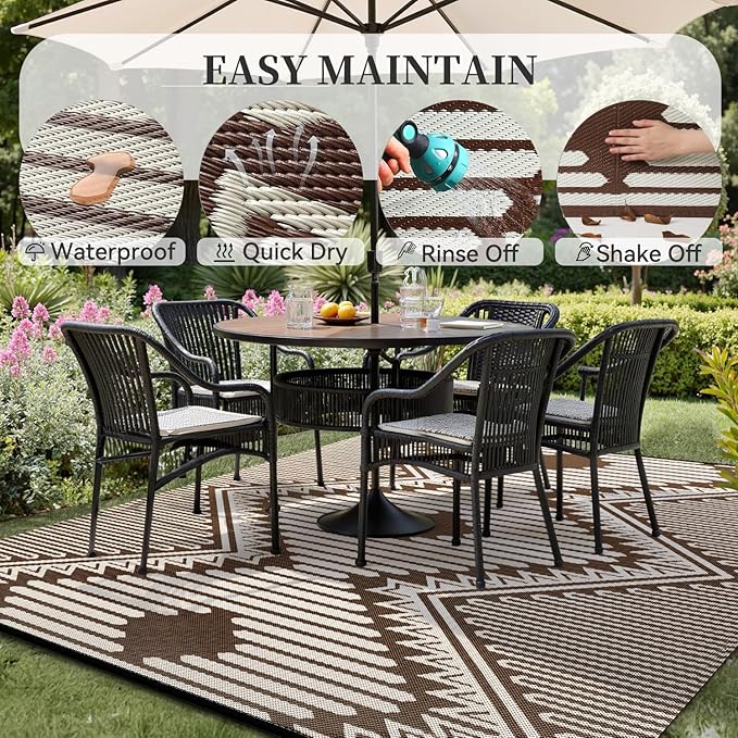 MontVoo Outdoor Rug-Waterproof Camping Rug Patio Rug Mat 6x9 Reversible Plastic Straw Outside Outdoor Rug for RV Camping Picnic Balcony Backyard Pool Deck Porch Modern Boho Beige Brown