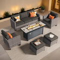 ovios 6 Pieces Patio Furniture Set with 54" Fire Pit Table, Outdoor Wicker Sofa with Comfy Cushions, All Weather High Back Rattan Couch Conversation Set, Black