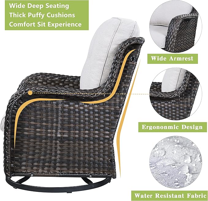 Outdoor Wicker Patio Furniture Set - 5 Pieces Rattan Patio Conversation Set with 2 Rocking Swivel Chairs,2 Ottomans and 1 Side Table for Porch Deck Backyard Garden(Brown/Beige)
