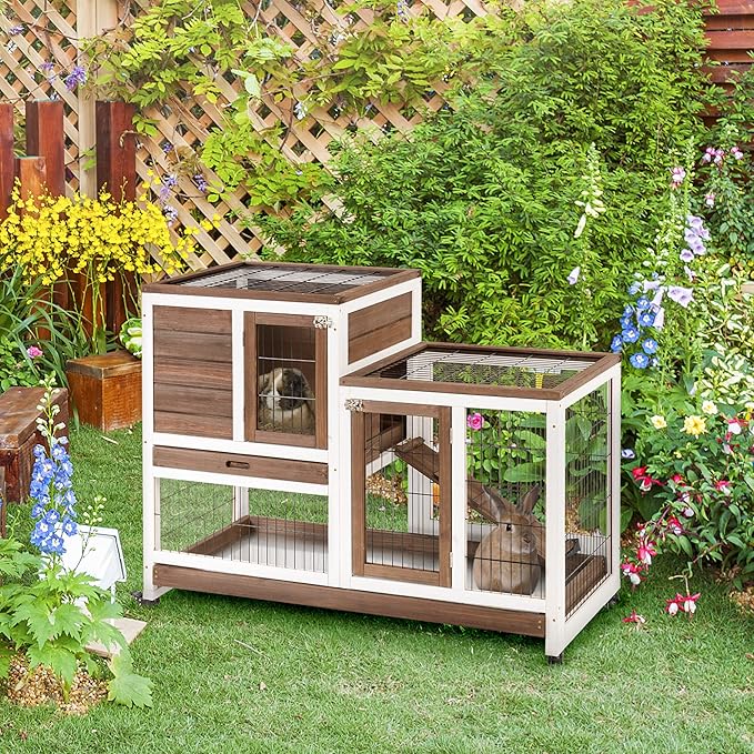 PawHut Wooden Rabbit Hutch Elevated Bunny Cage Indoor Small Animal Habitat with Enclosed Run with Wheels, Ramp, Removable Tray Ideal for Guinea Pigs, Brown