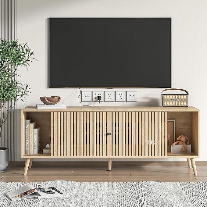 Mid Century Modern TV Stand for Televisions up to 70 Inches, with Sliding Doors and Storage, Television Stands, TV Consoles, Media Consoles for Living Room, 63 Inch (Natural)
