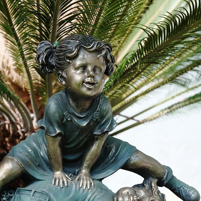 Alpine Corporation 26" Tall Indoor/Outdoor Girl Jumping Over Boy Statue Yard Art Decoration