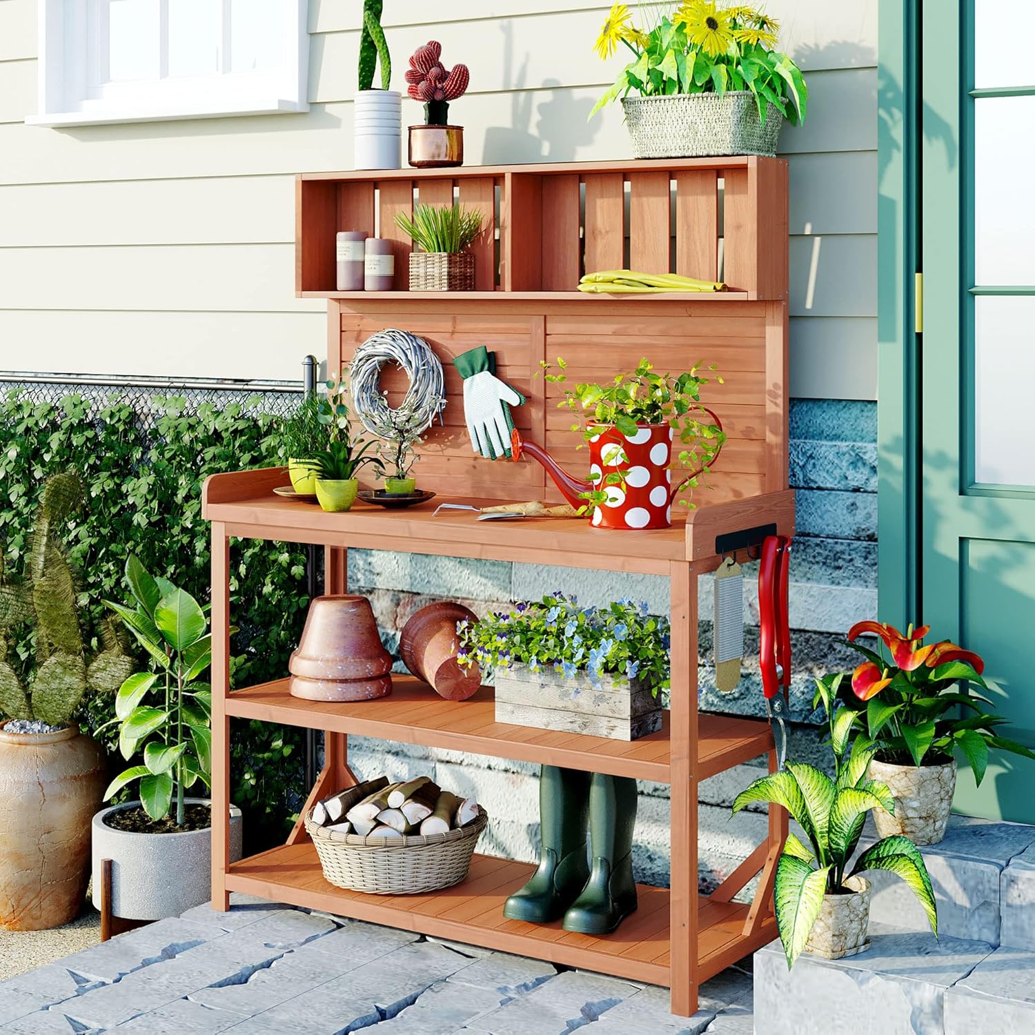 Merax 65" Large Wooden Farmhouse Rustic Outdoor Potting Bench Table with 4 Storage Shelves and Side Hook, Patio Workstation, for Garden, Backyard, Natural