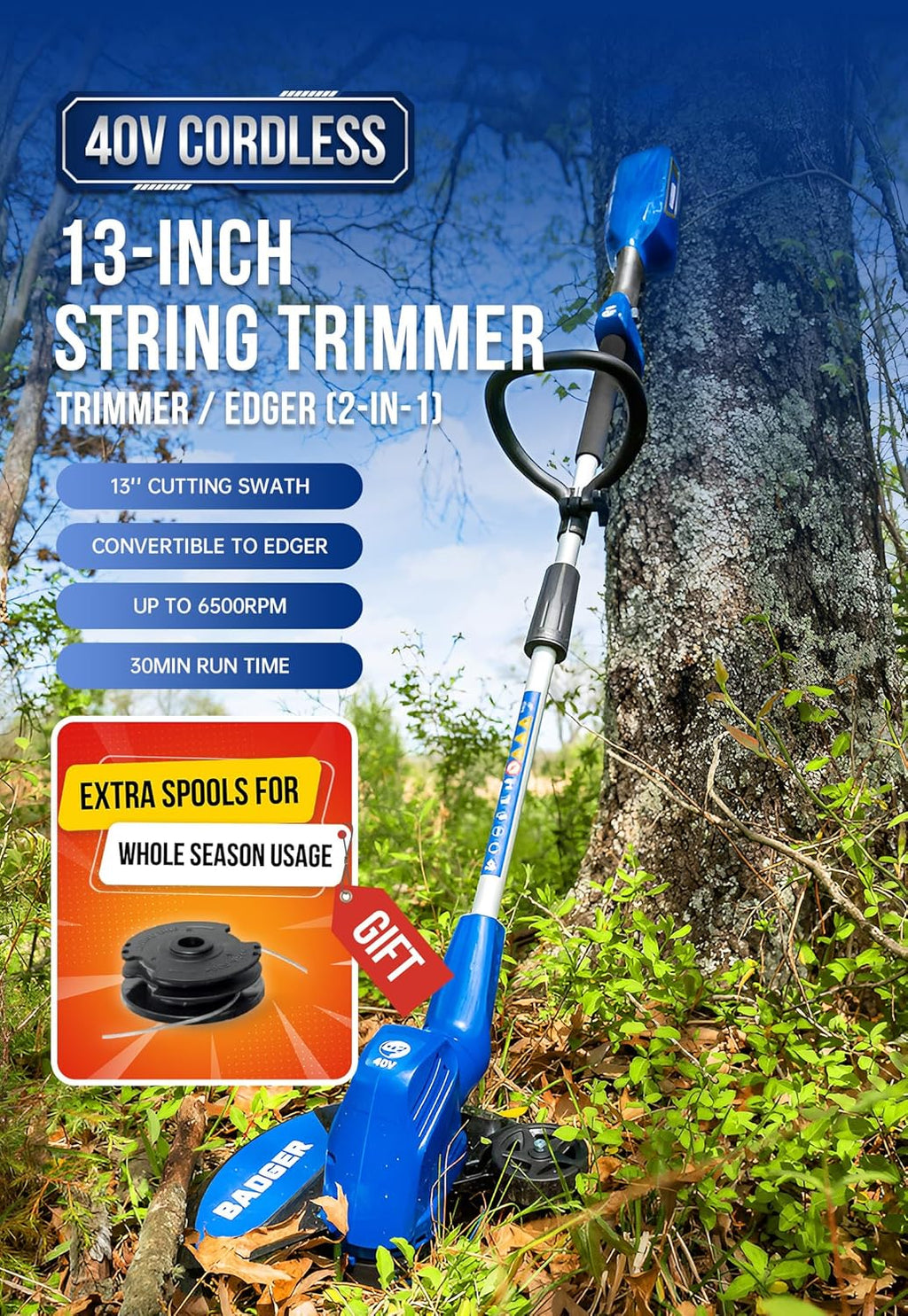 WILD BADGER POWER Weed Wacker 40V 13'' Cordless 2 in 1 String Trimmer/Edger with Auto Feed, 2.0Ah Battery and Charger, 2 Pack Trimmer Line