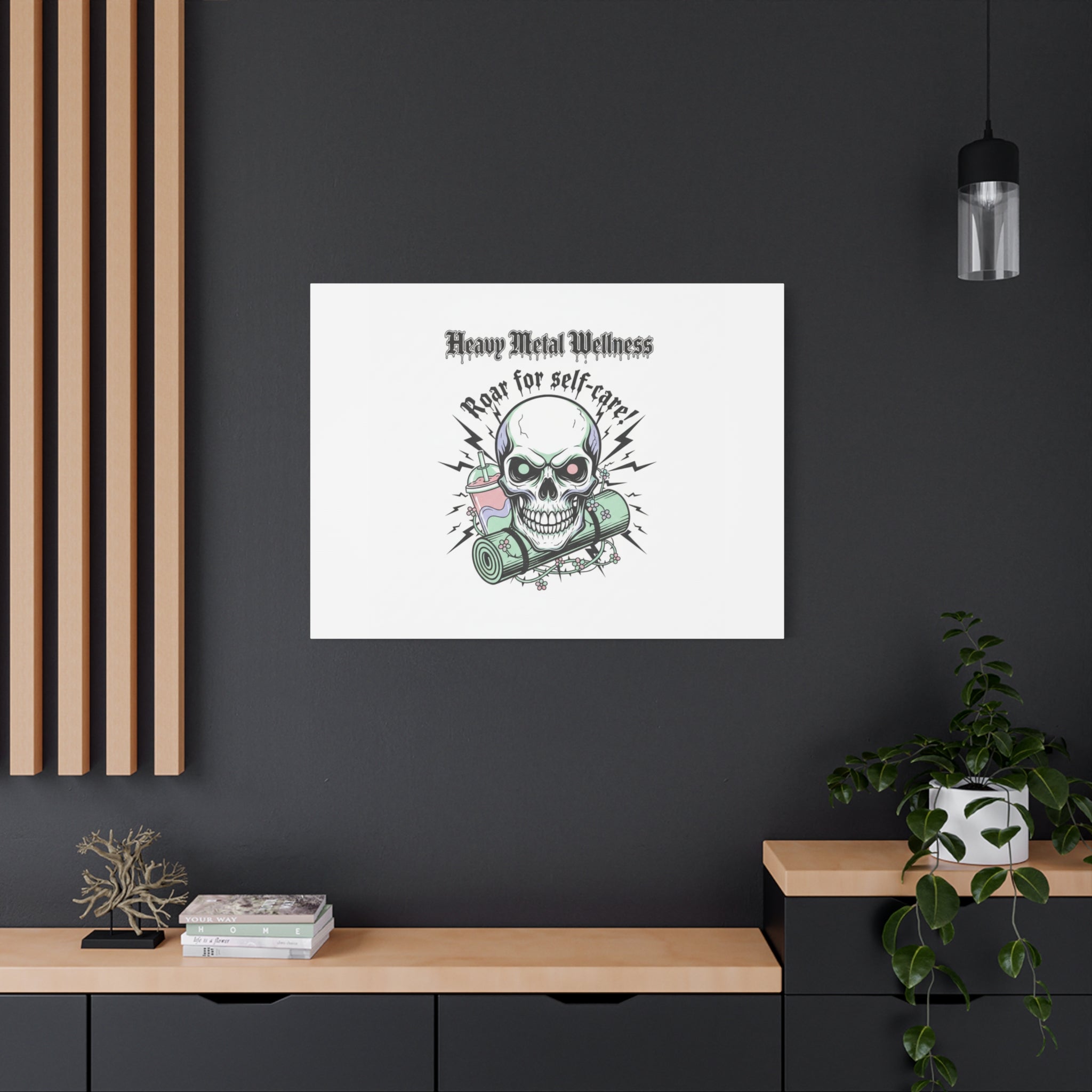 Roar for Self-Care Skull Canvas | heavy metal wellness, gothic wellness quote