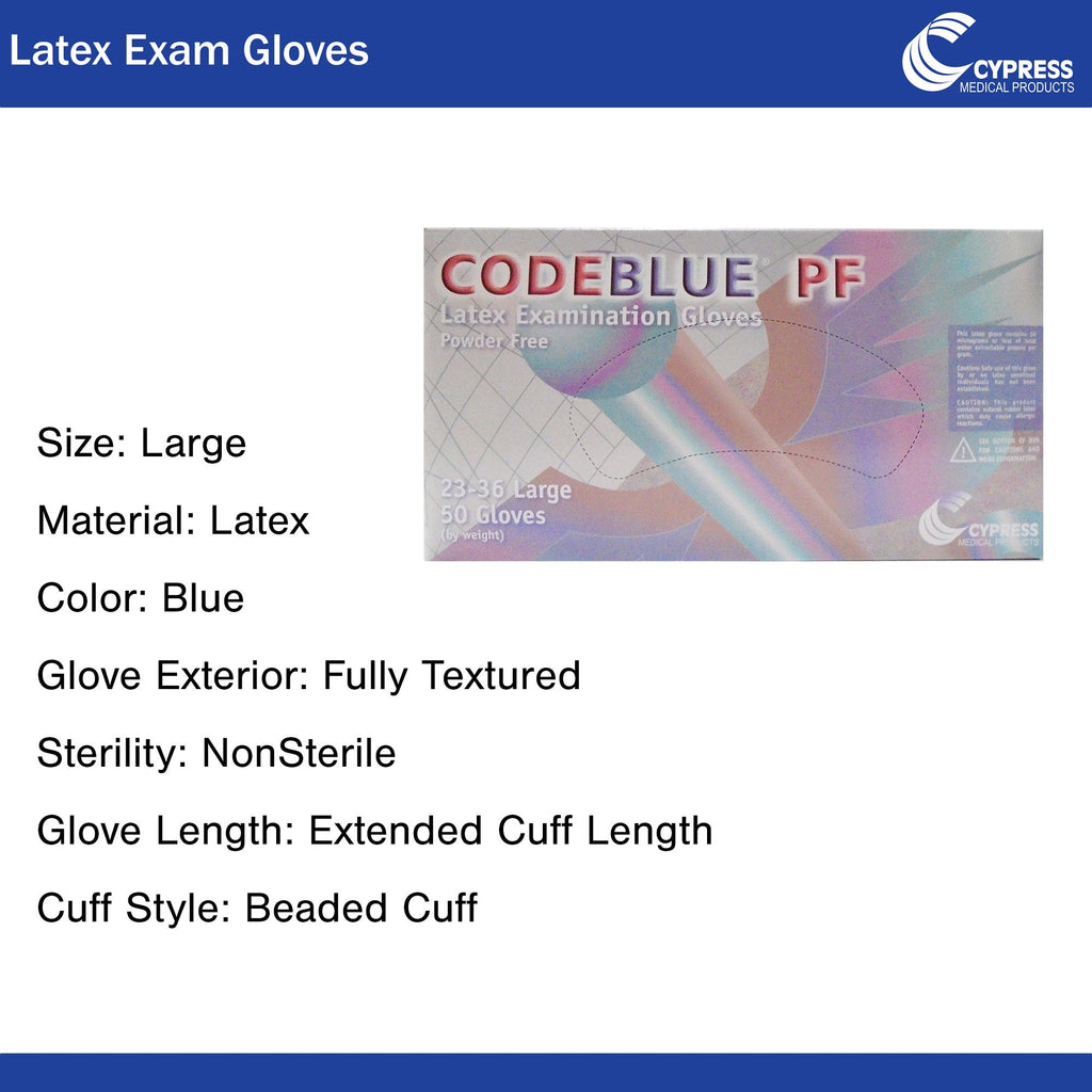 CodeBlue® PF Latex Extended Cuff Length Exam Glove, Large, Blue 23-36