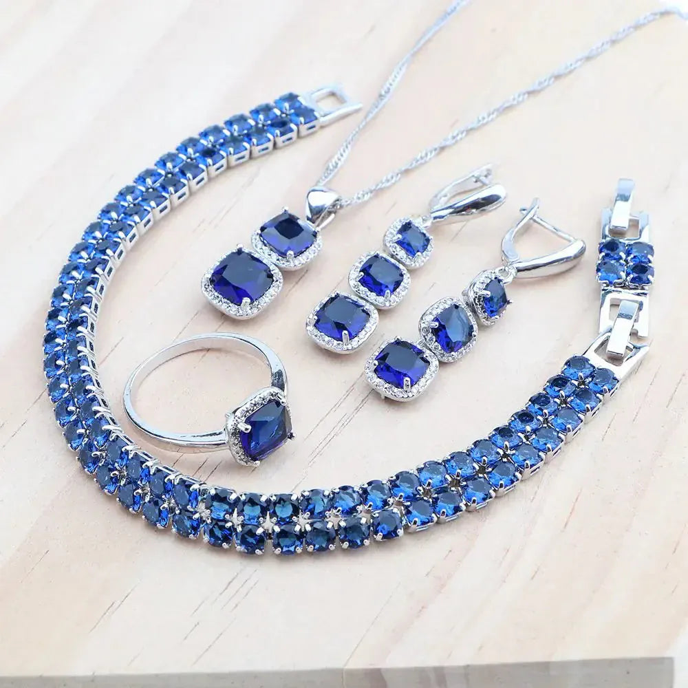 925 Sterling Silver Jewelry Set – Blue Zircon Bridal Necklace, Earrings & Bracelet