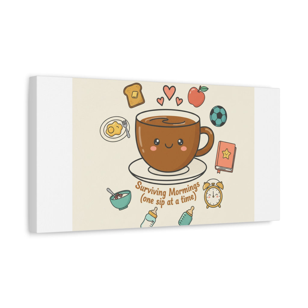 Surviving Mornings (One Sip at a Time) Canvas | Parenting Morning Humor, Coffee & Kids