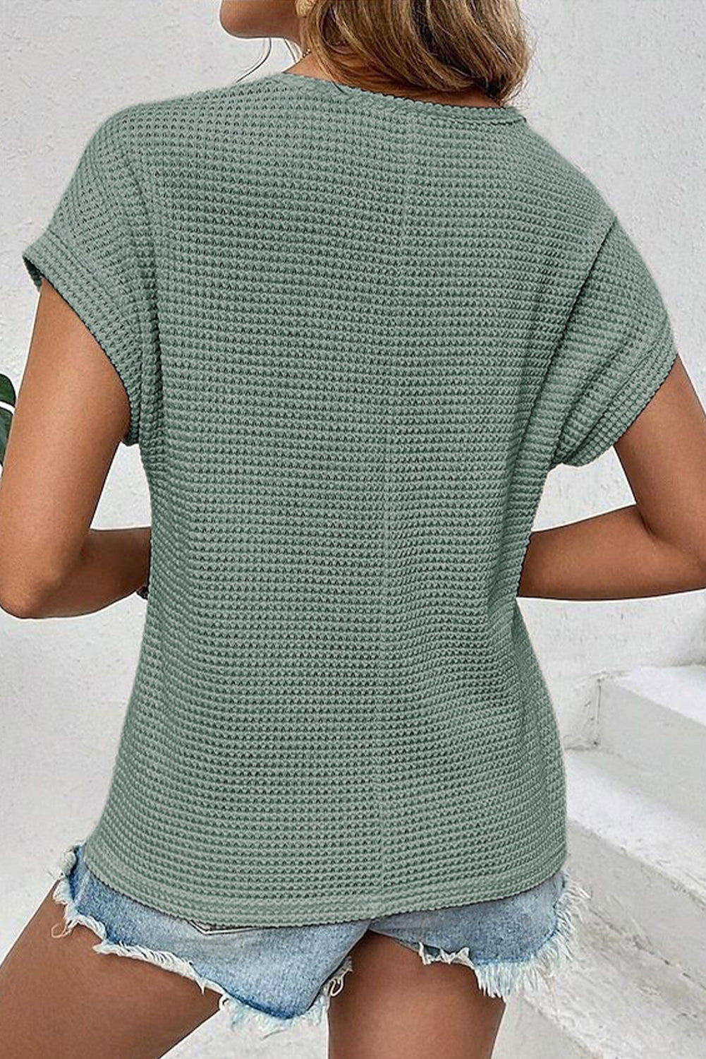 Oatmeal Hollow Patchwork Waffle Knit Top