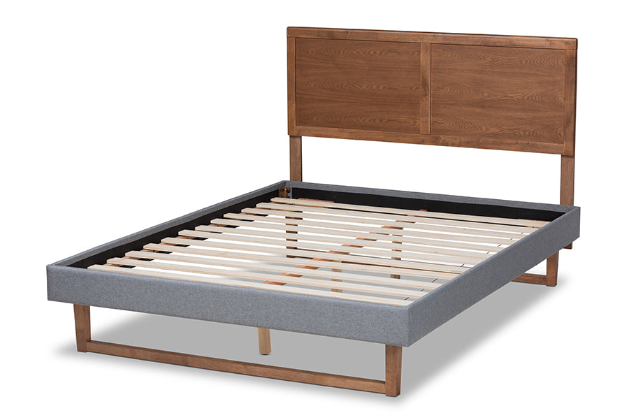 Baxton Studio Allegra Mid-Century Modern Dark Grey Fabric Upholstered and Ash Walnut Brown Finished Wood Full Size Platform Bed